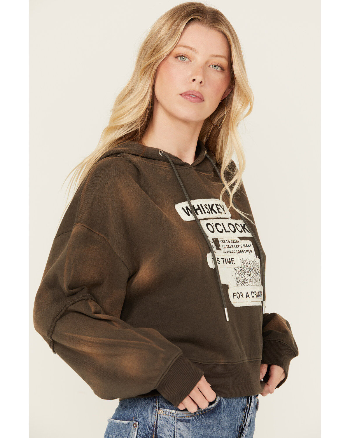 Image #2 - Cleo + Wolf Women's Bleached Deconstructed Whiskey Cropped Hoodie, Chocolate, hi-res