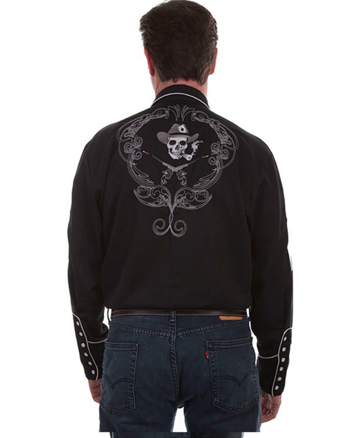 Image #4 - Scully Men's Skulls, Guns N Cards Embroidered Yoke Long Sleeve Pearl Snap Western Shirt - Big, Black, hi-res