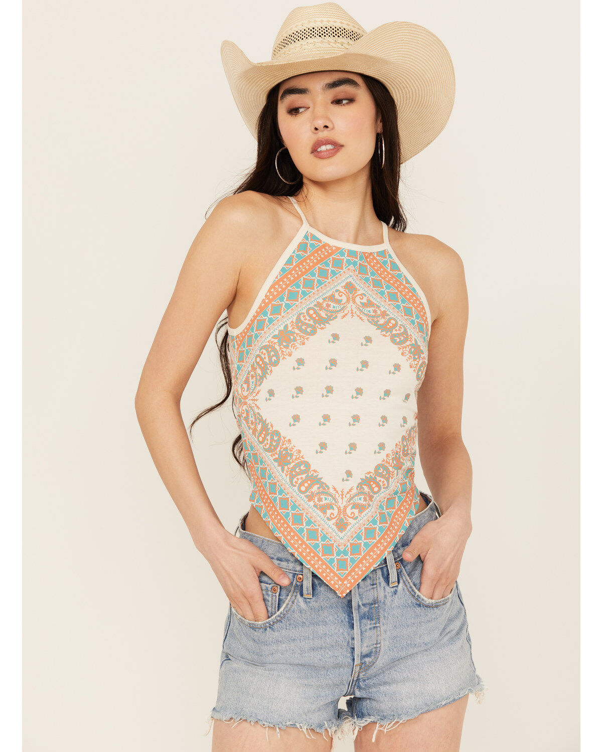 Image #1 - Rock & Roll Denim Women's Bandana Print Sleeveless Tank, Cream, hi-res