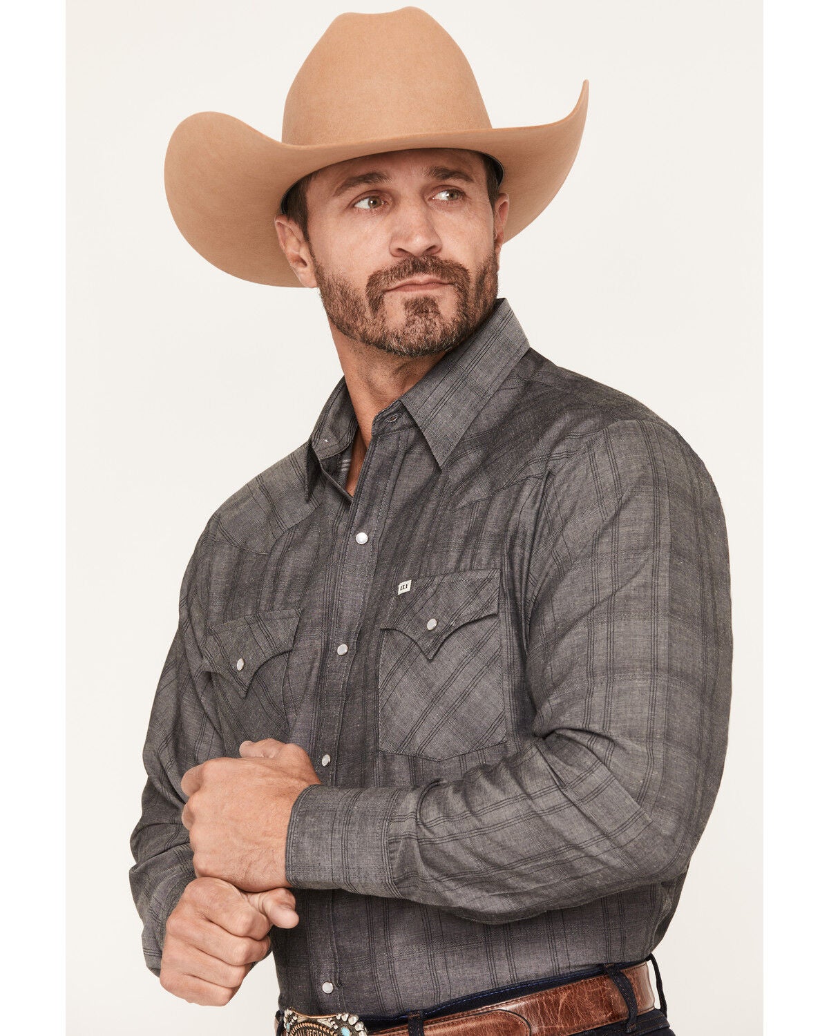 Image #2 - Ely Walker Men's Chambray Long Sleeve Pearl Snap Western Shirt, Black, hi-res