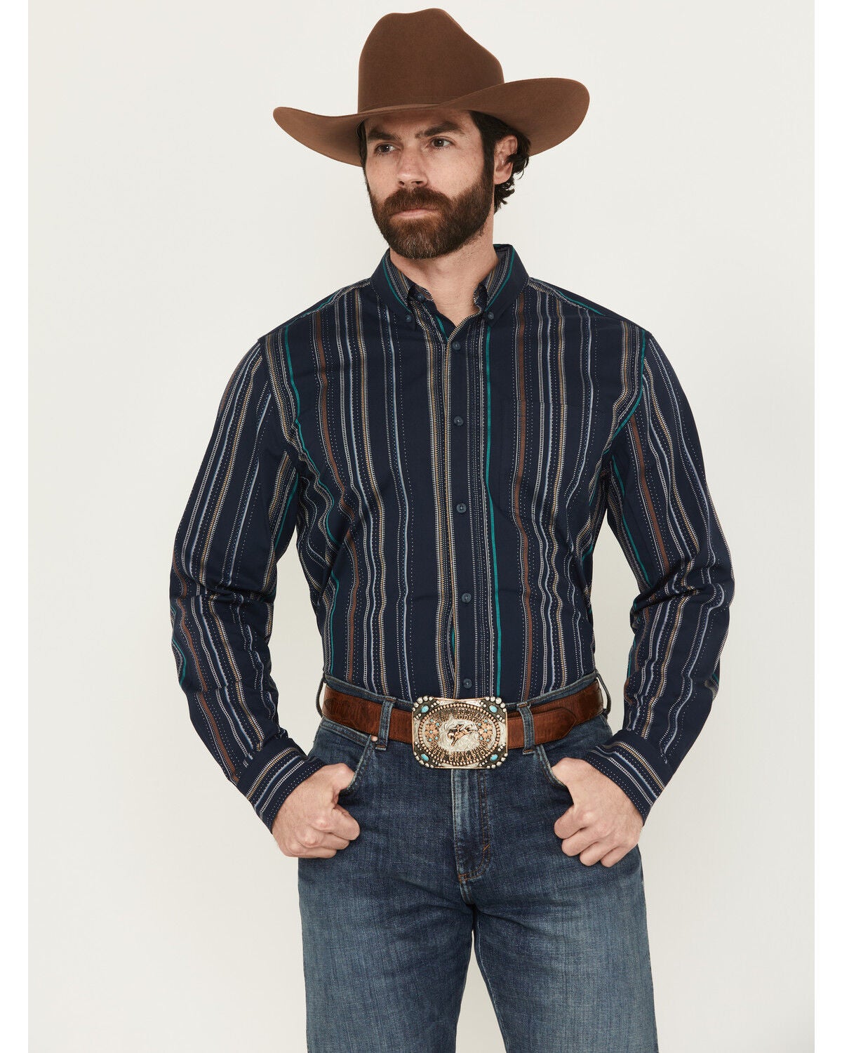 Cody James Men's Blake Striped Long Sleeve Button-Down Stretch Western Shirt, Navy, hi-res