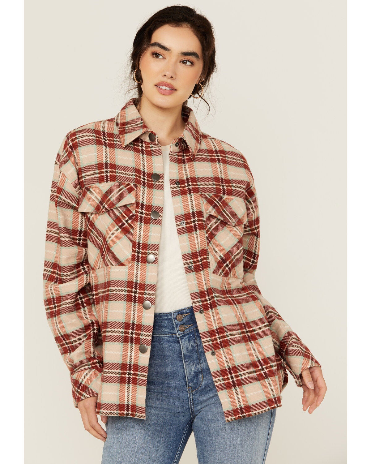 Rock & Roll Denim Women's Plaid Print Fringe Snap Shacket, Rust Copper, hi-res