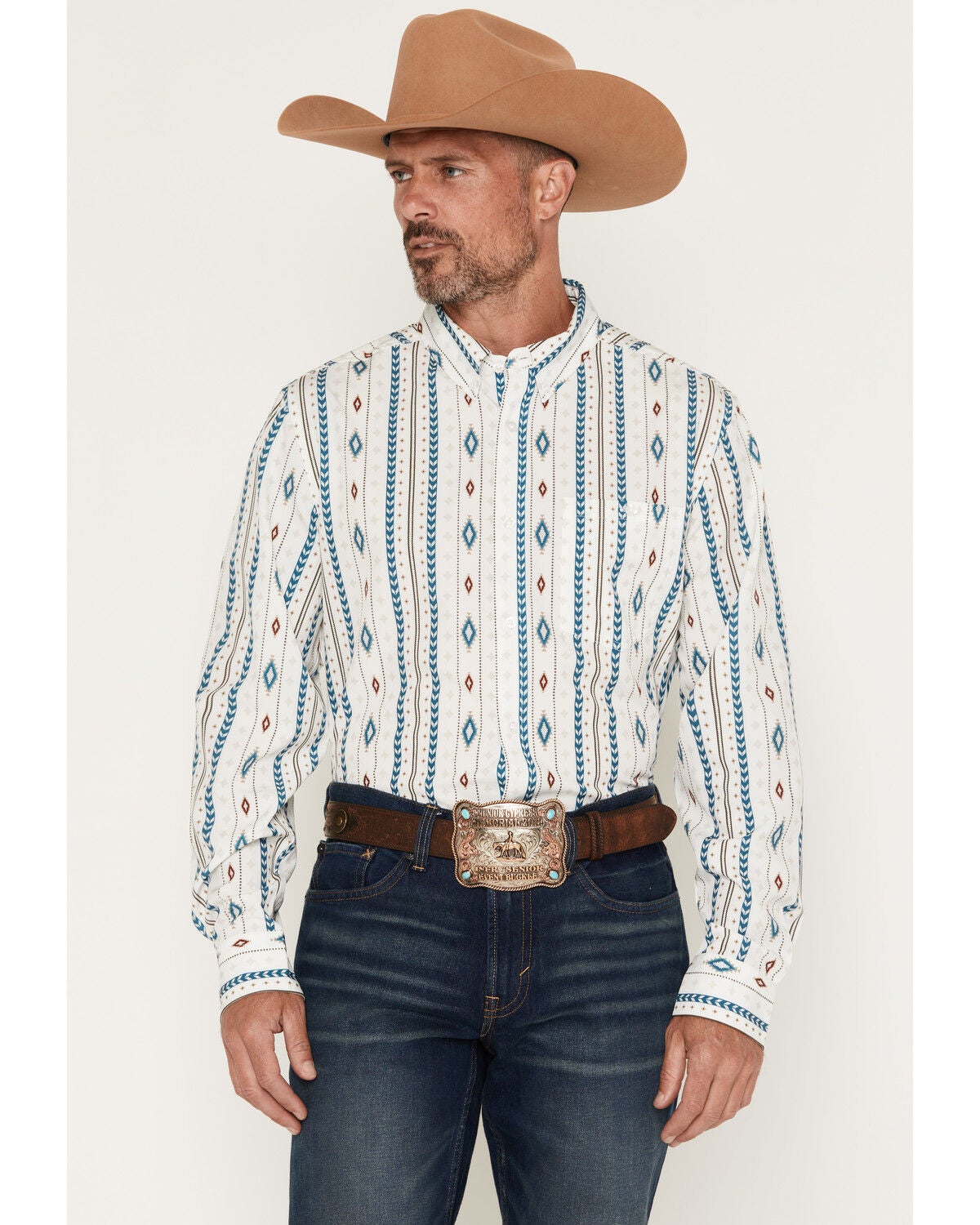 RANK 45&reg; Men's Apache RODEOTEK&trade; Southwestern Striped Long Sleeve Button-Down Stretch Western Shirt, Cream, hi-res