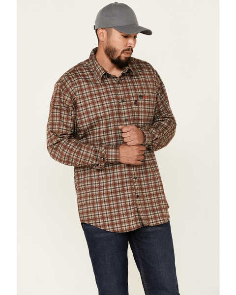 Cinch Men's FR Plaid Print Lightweight Long Sleeve Work Shirt , Brown, hi-res