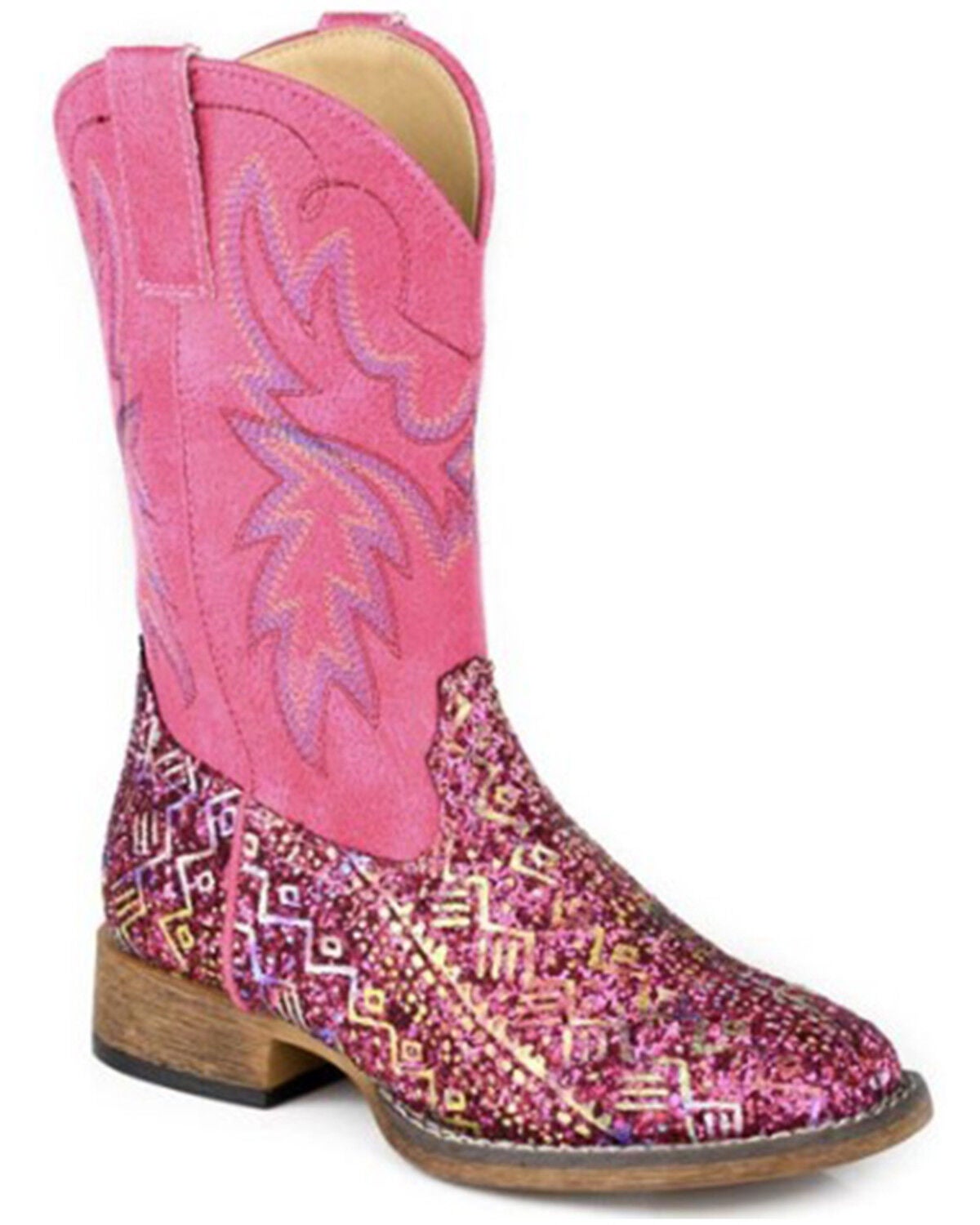 Roper Girls' Glitter Southwestern II Western Boots - Broad Square Toe, Pink, hi-res
