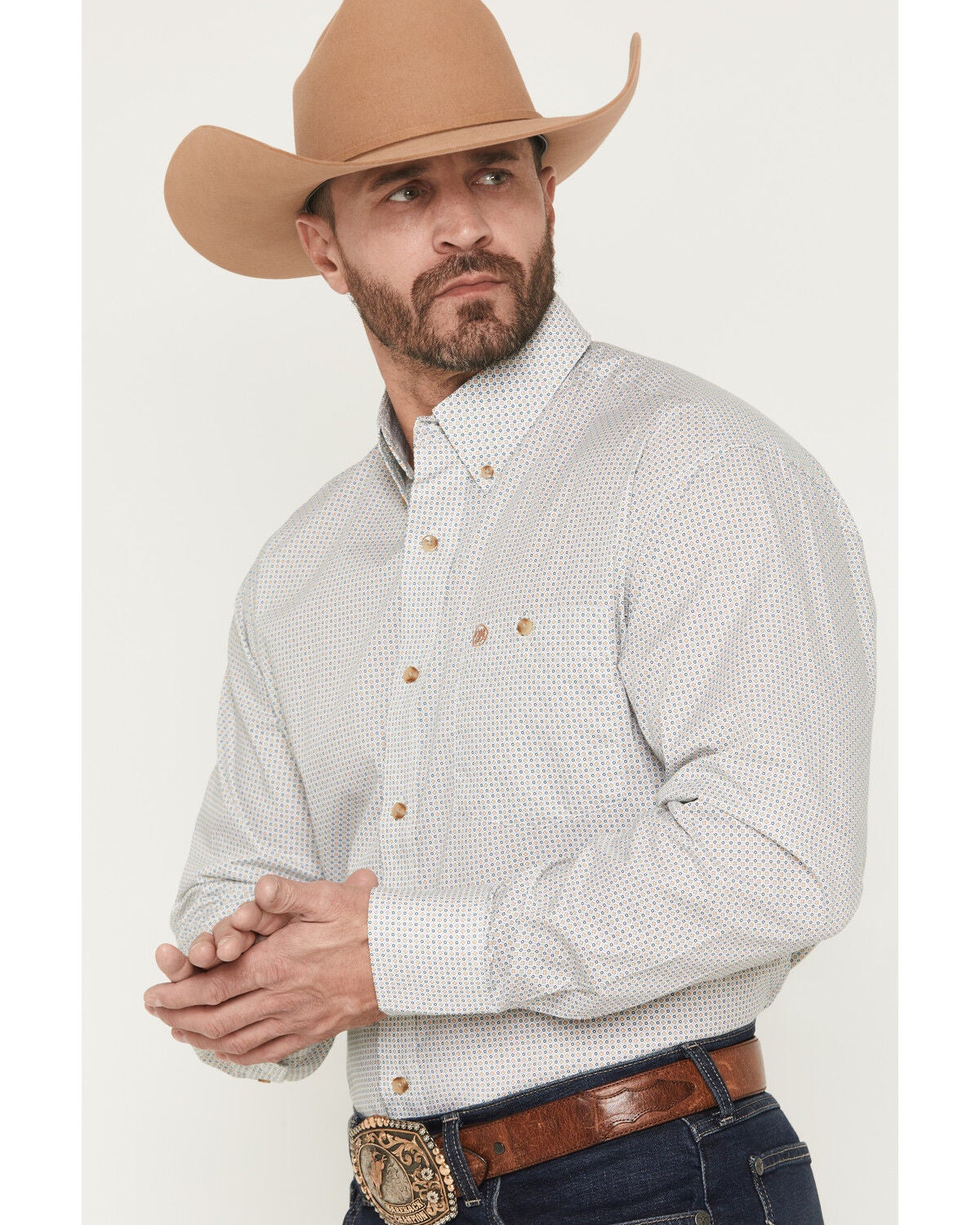 Image #2 - Wrangler Men's Classics Geo Print Long Sleeve Button-Down Western Shirt - Big, Tan, hi-res