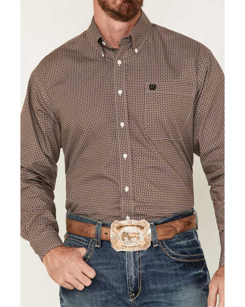 Cinch Men's Square Geo Print Long Sleeve Button-Down Western Shirt, Cream, hi-res
