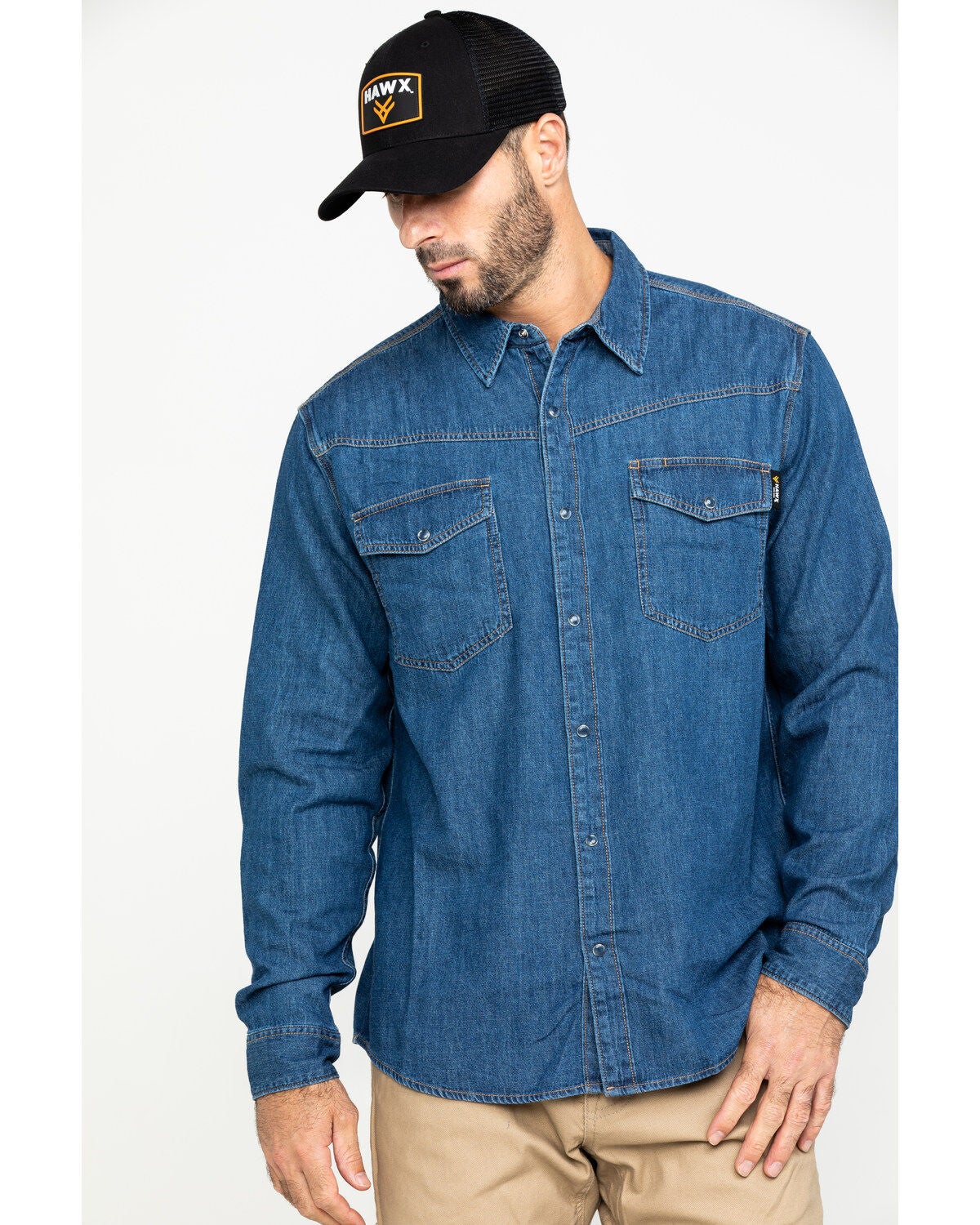 Hawx Men's Stonewashed Denim Snap Western Long Sleeve Work Shirt - Big, Blue, hi-res
