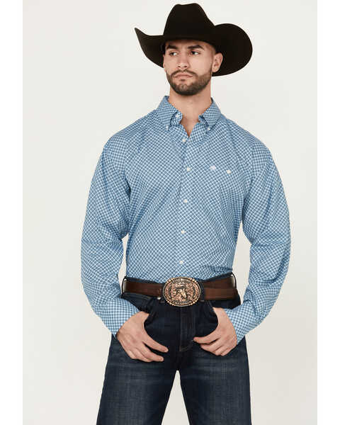 Wrangler Men's Classic Geo Print Long Sleeve Button-Down Western Shirt , Blue, hi-res