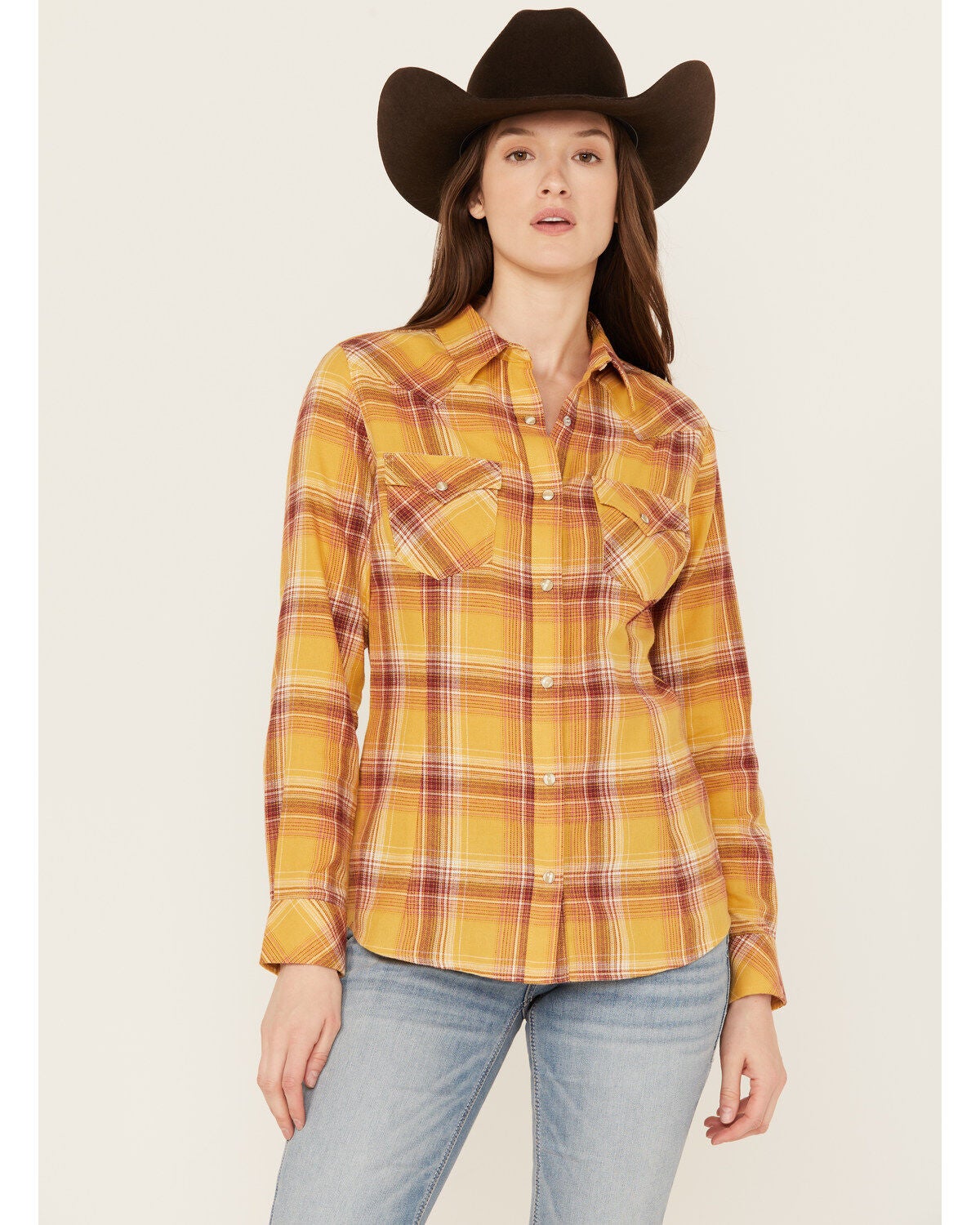 Wrangler Retro Women's Boot Barn Exclusive Long Sleeve Snap Flannel Shirt, Mustard, hi-res