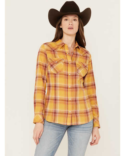 Wrangler Retro Women's Long Sleeve Snap Flannel Shirt, Mustard, hi-res