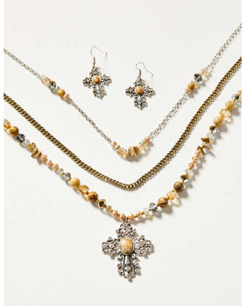 Shyanne Women's Champagne Chateau Cross Necklace & Earrings Set, Multi, hi-res