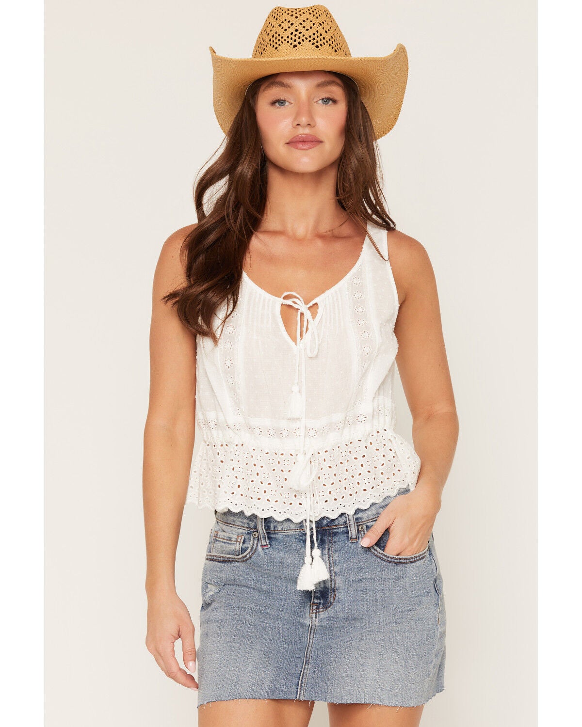 Image #1 - Lovestitch Women's Eyelet Peplum Tank Top, White, hi-res