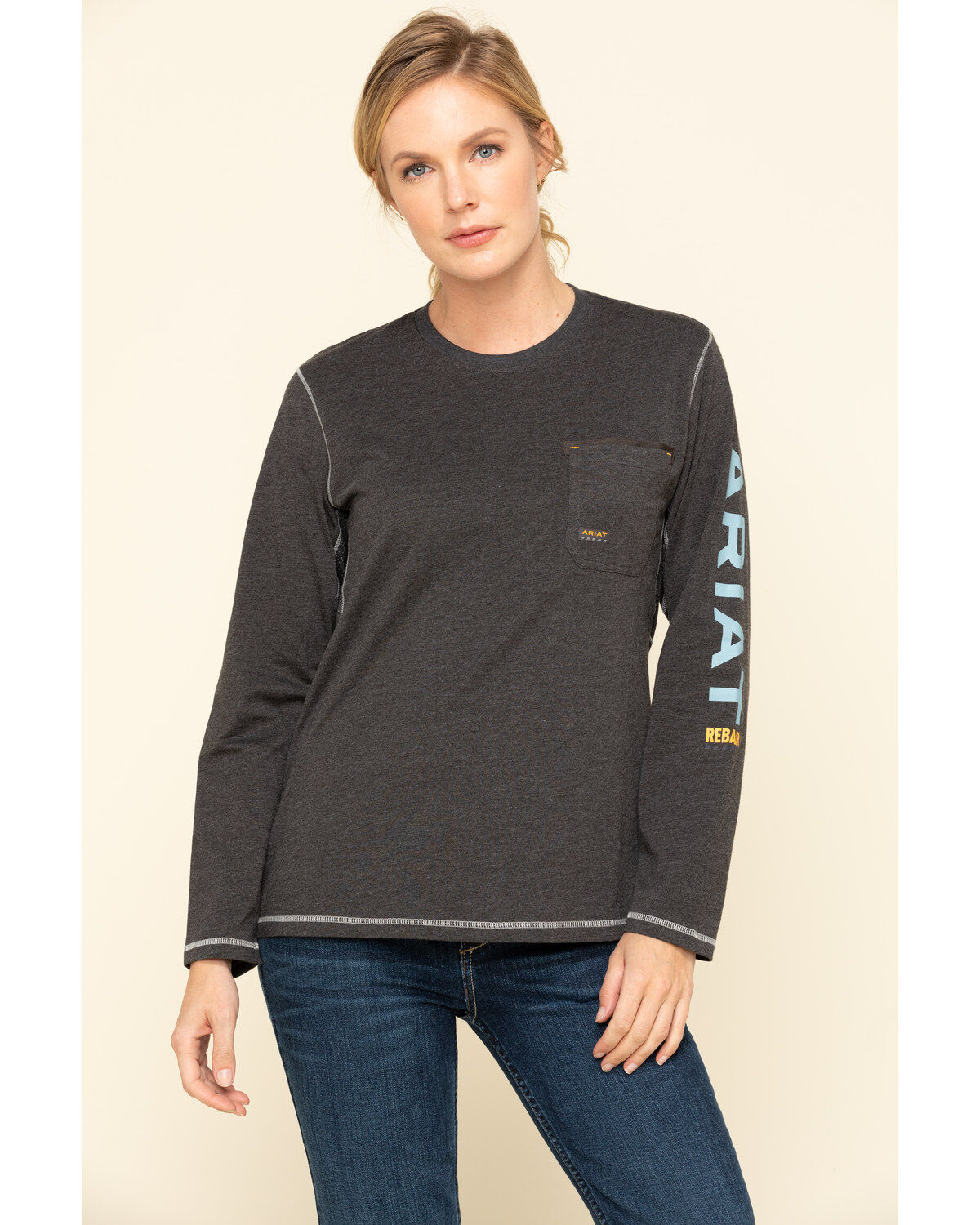 Image #1 - Ariat Women's Charcoal Heather Rebar Logo Long Sleeve Work Shirt, , hi-res