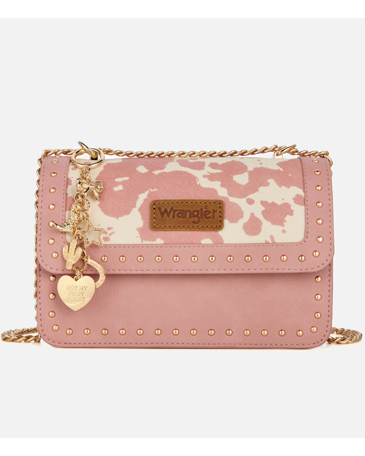 Image #1 - Wrangler X Boot Barn Women's Cow Print Shoulder Bag with Charm, Pink, hi-res
