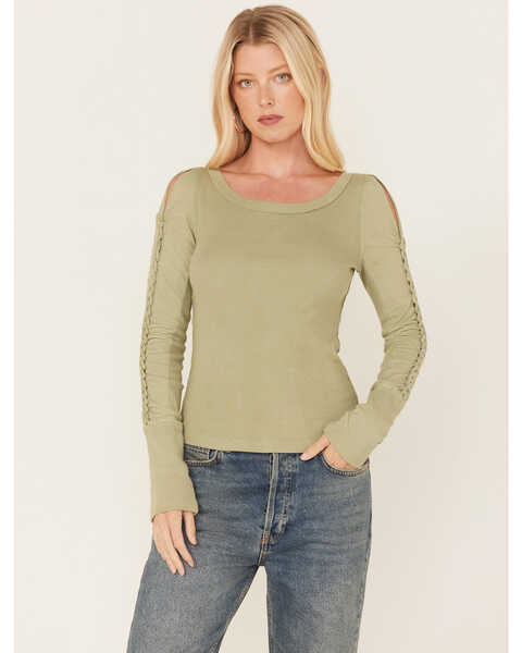 Free People Women's Daisy Chain Cuff Knit Long Sleeve Top, Green, hi-res