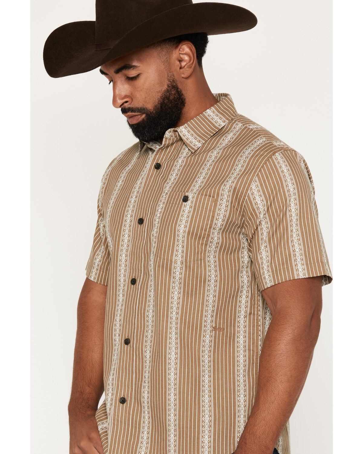 Image #2 - Seager Men's Caldera Striped Print Short Sleeve Button-Down Western Shirt, Khaki, hi-res