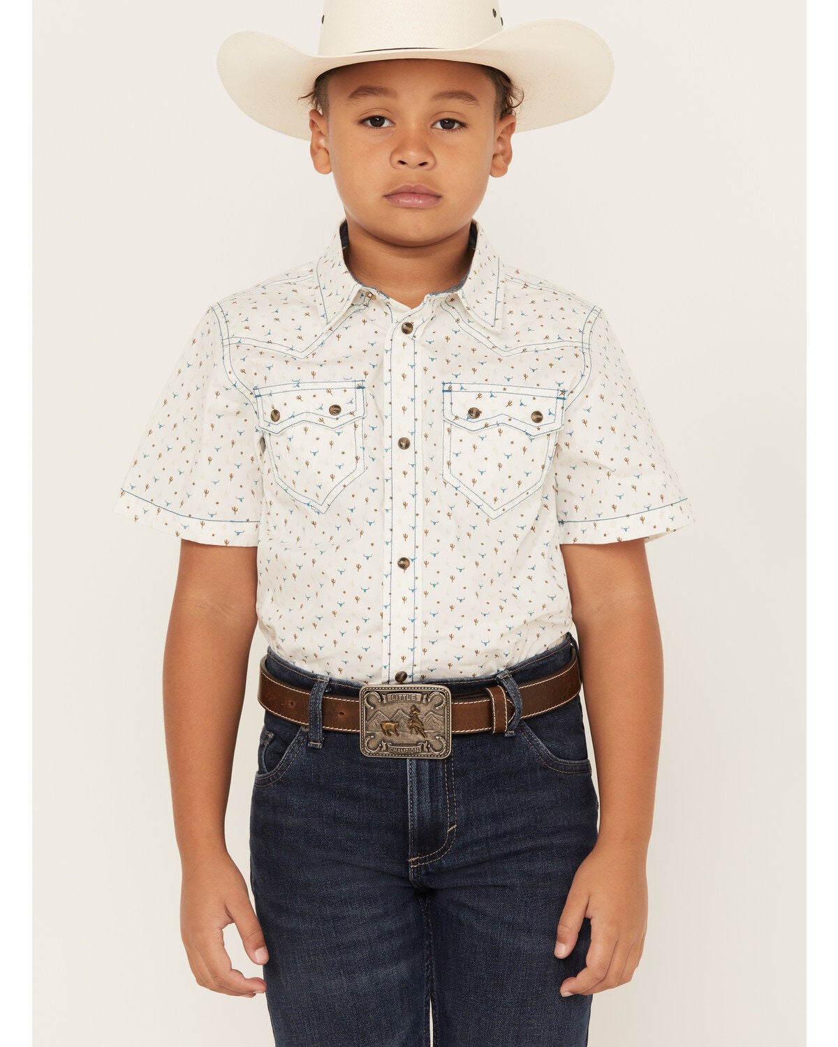 Cody James Boys' Bull Cactus Short Sleeve Snap Western Shirt, Oatmeal, hi-res