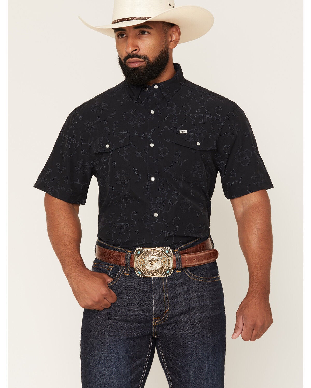Image #1 - Ferrell Men's Tek Carson Boot Stitch Print Short Sleeve Pearl Snap Stretch Performance Western Shirt, Black, hi-res