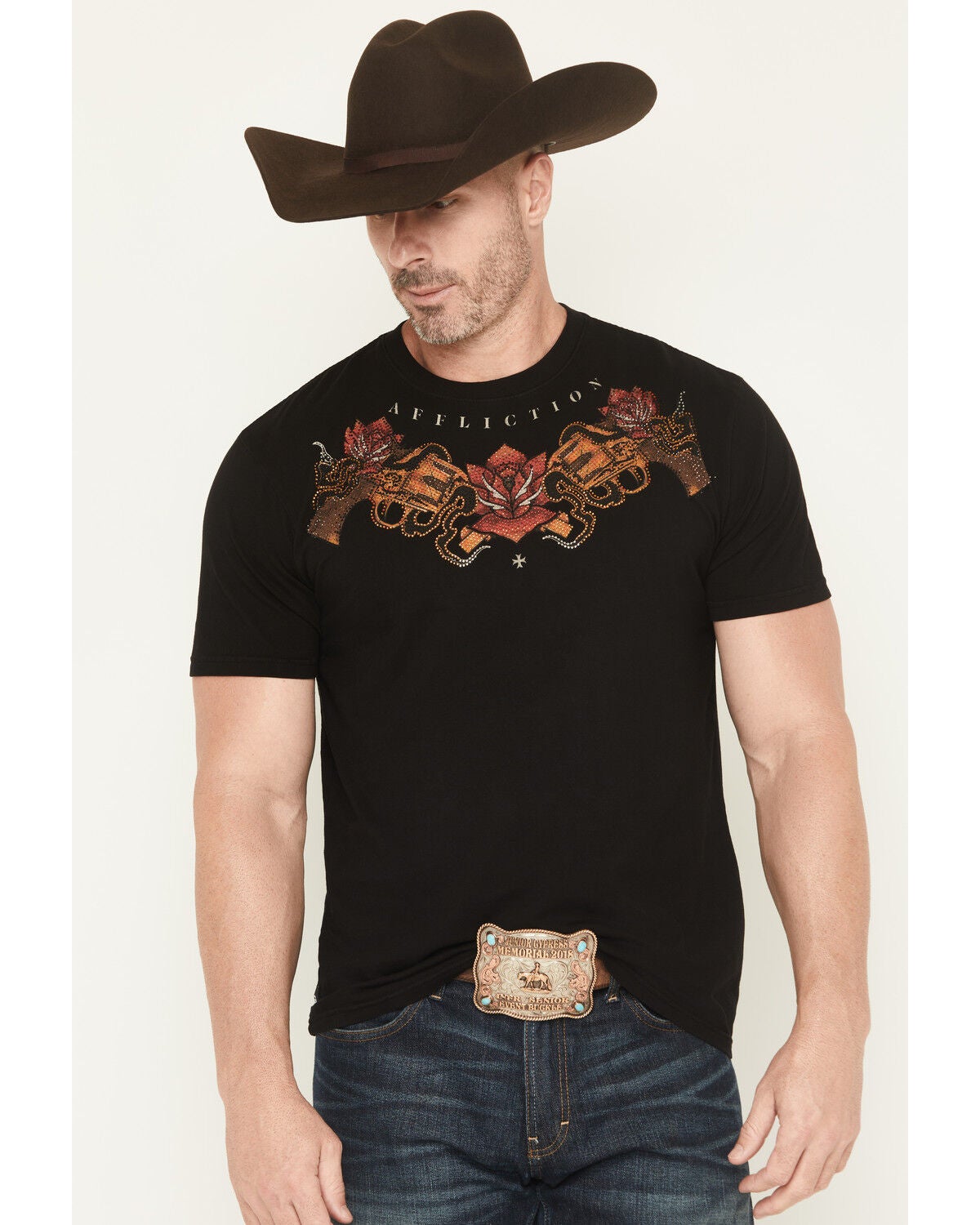 Affliction Men's Viva La Raza Rhinestone Short Sleeve Graphic T-Shirt, Black, hi-res