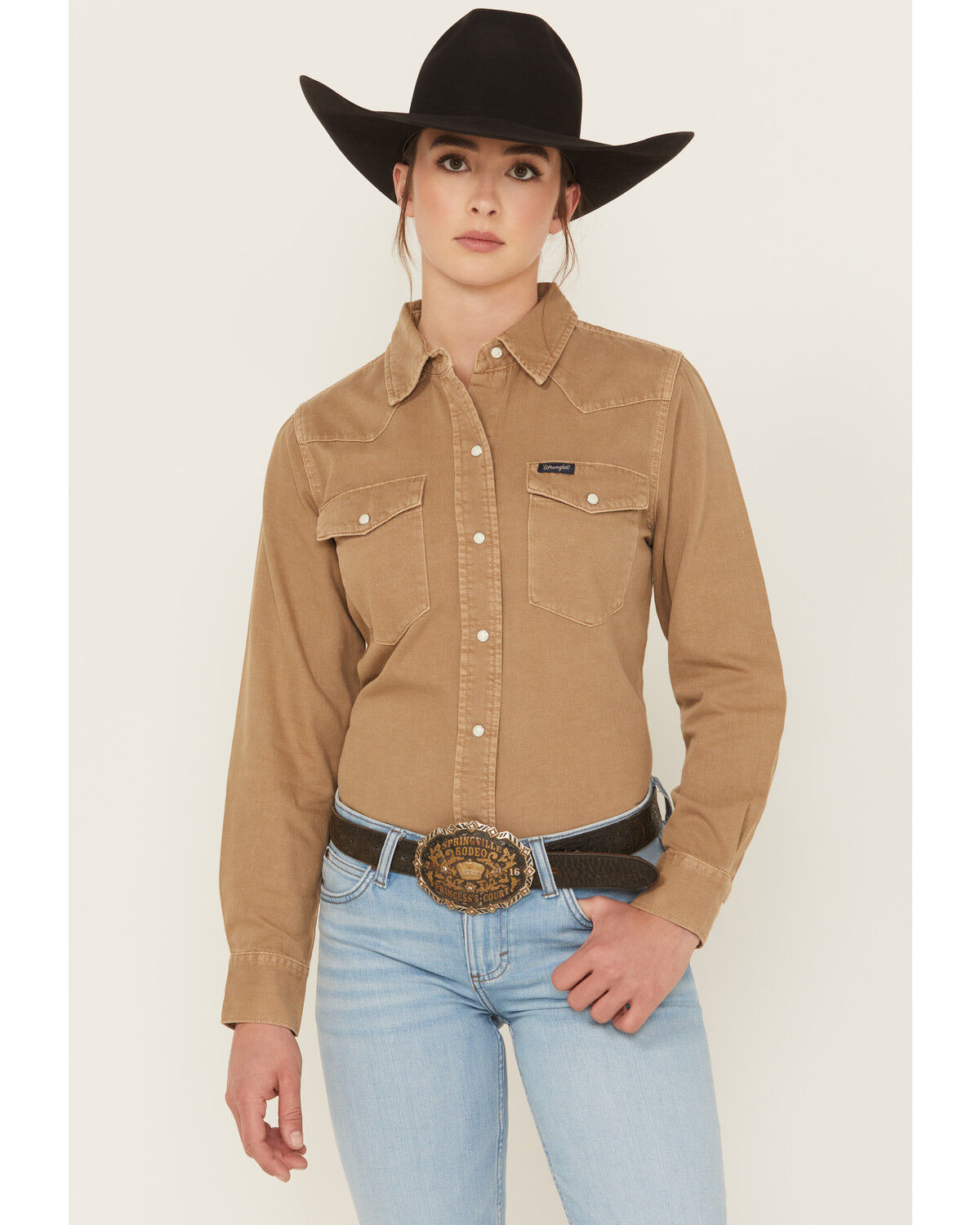 Image #1 - Wrangler Retro Women's Vintage Denim Long Sleeve Snap Western Shirt, Tan, hi-res