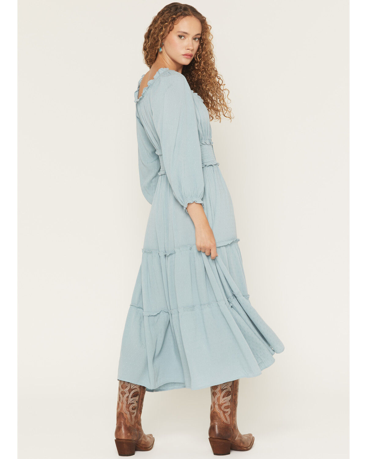 Wild Moss Women's Solid Jacquard Smocked Waist Midi Dress