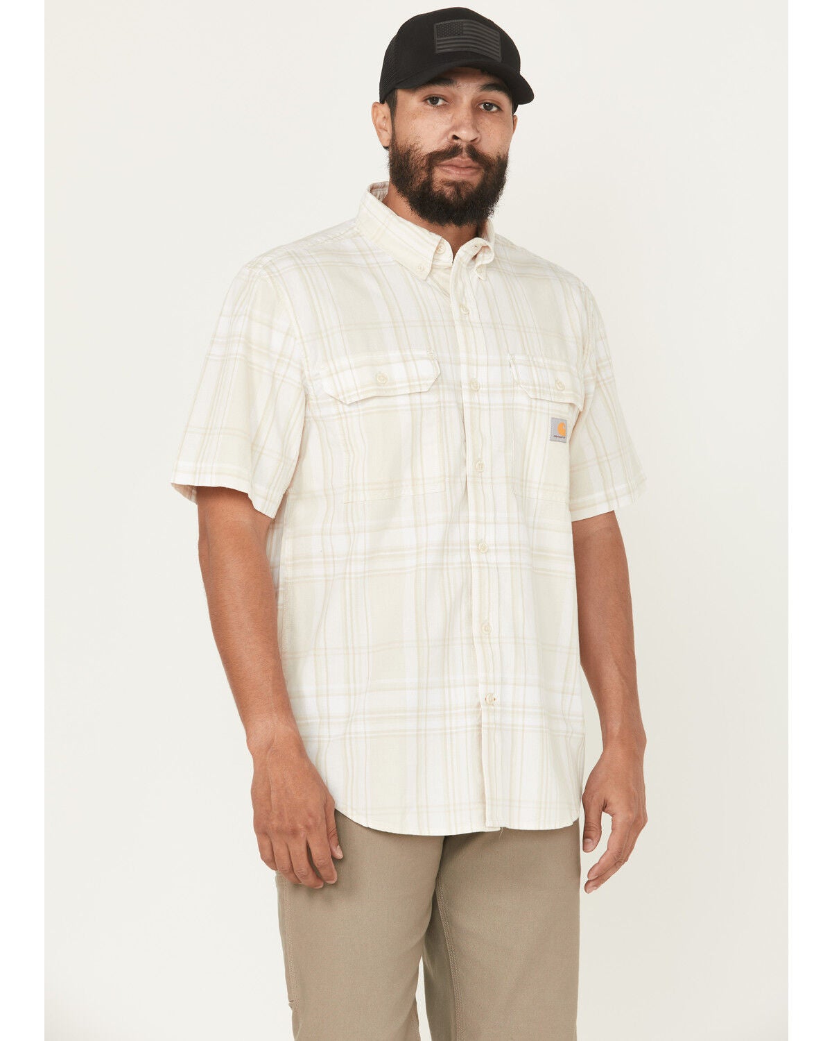 Carhartt Men's Plaid Print Loose Fit Midweight Short Sleeve Button-Down Work Shirt, White, hi-res