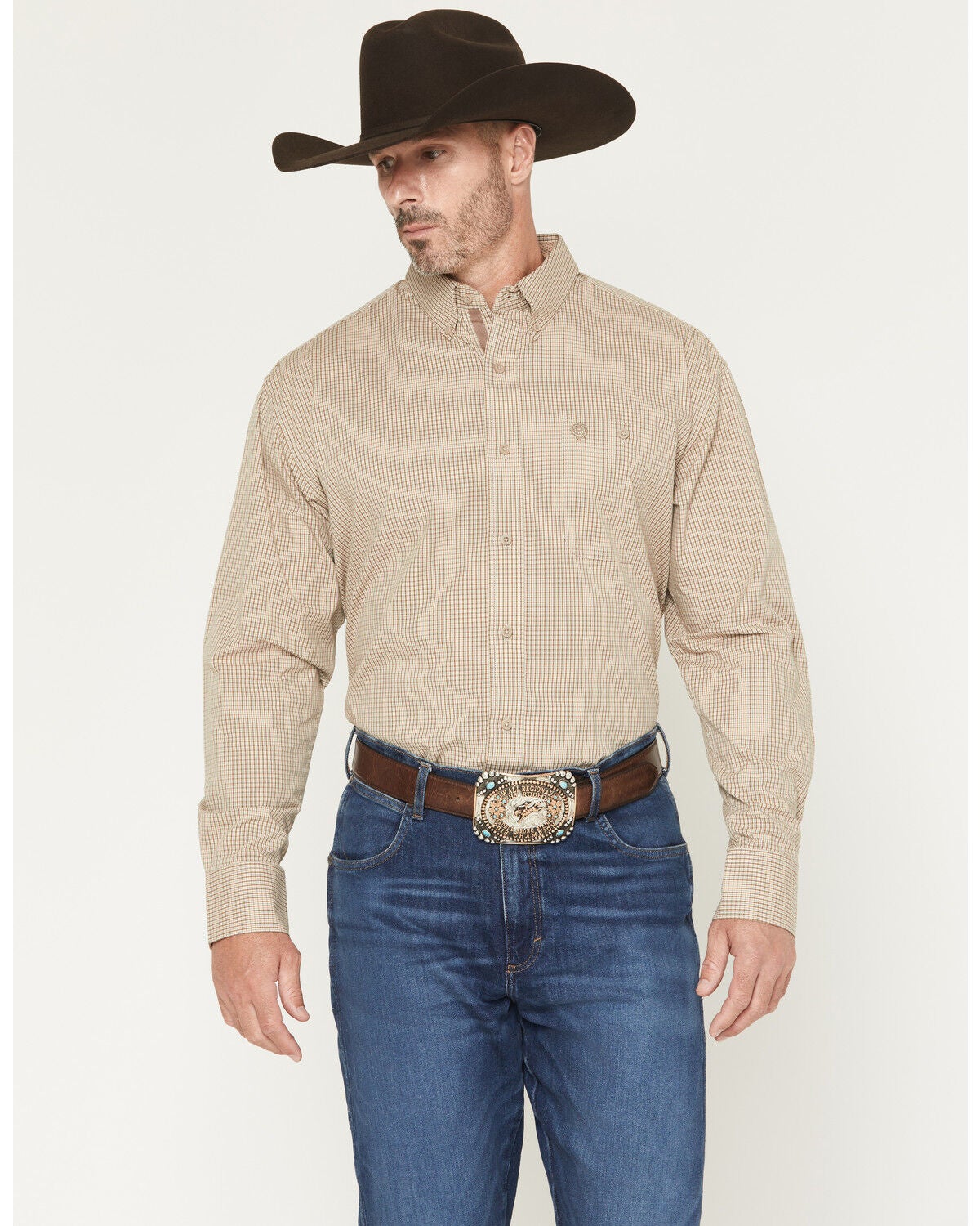 George Strait by Wrangler Men's Plaid Print Long Sleeve Button-Down Stretch Western Shirt, Brown, hi-res