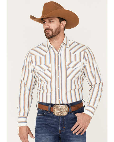 Ely Walker Men's Striped Long Sleeve Pearl Snap Western Shirt, Tan, hi-res