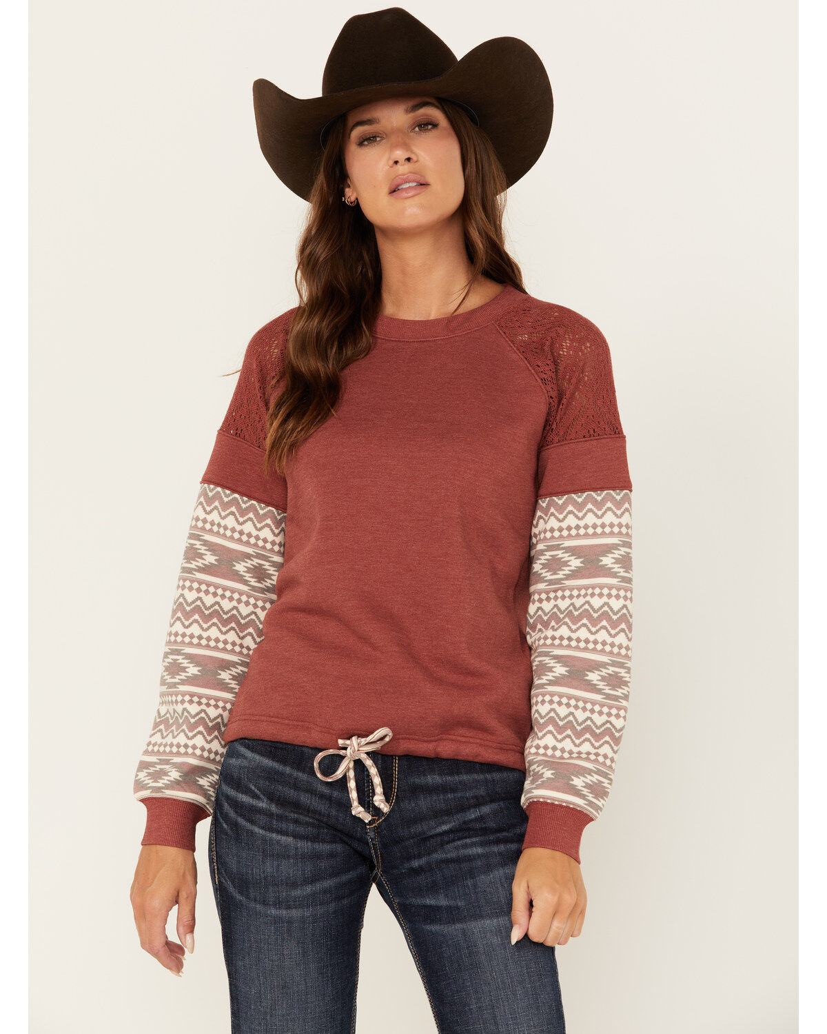 Image #1 - Shyanne Women's Wanda Fleece Mix Pullover Sweatshirt, Dark Red, hi-res