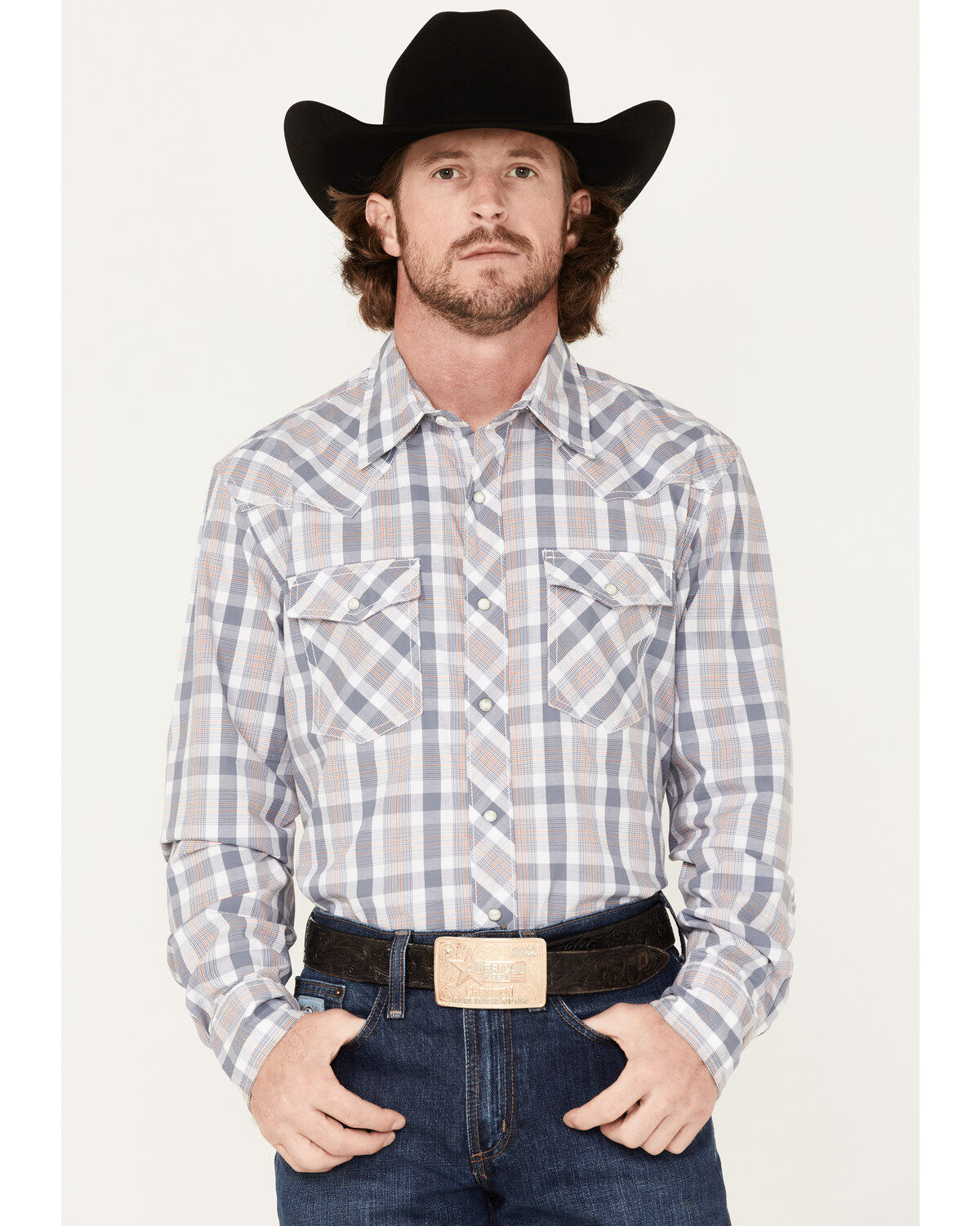 Image #1 - Wrangler 20X Men's Competition Advanced Comfort Small Plaid Print Long Sleeve Snap Shirt, Grey, hi-res