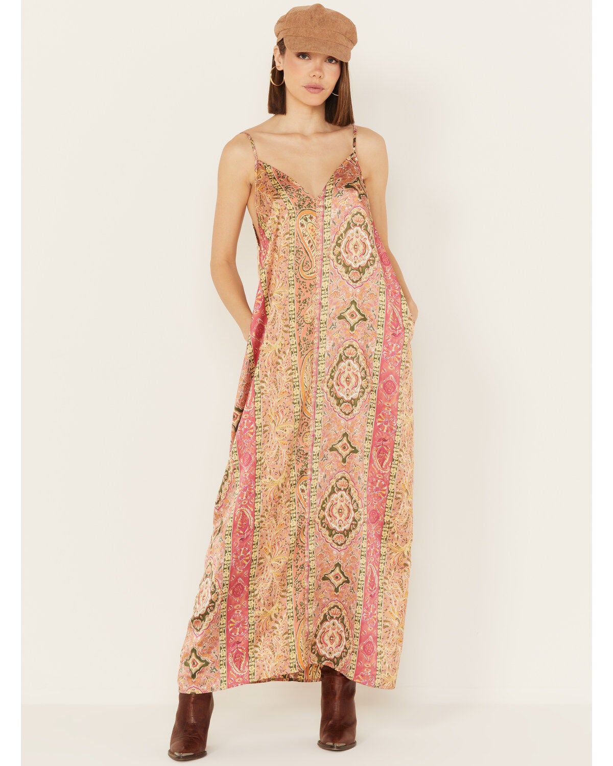By Together Women's Floral Print V Neck Sleeveless Maxi Dress, Coral, hi-res