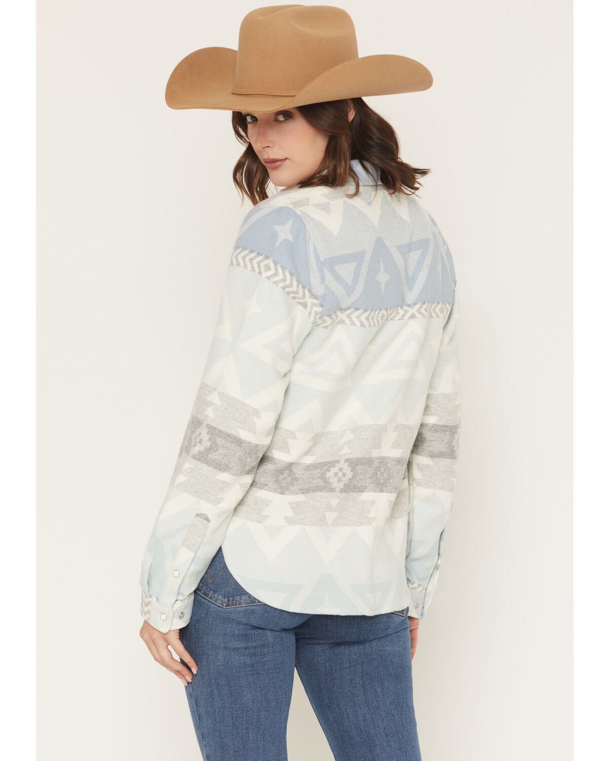 Image #4 - Outback Trading Co Women's Camille Southwestern Print Snap Western Shirt, Light Blue, hi-res