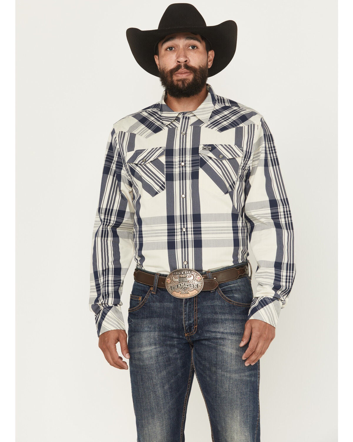 Kimes Ranch Men's Double R Plaid Print Long Sleeve Snap Western Shirt, Navy, hi-res