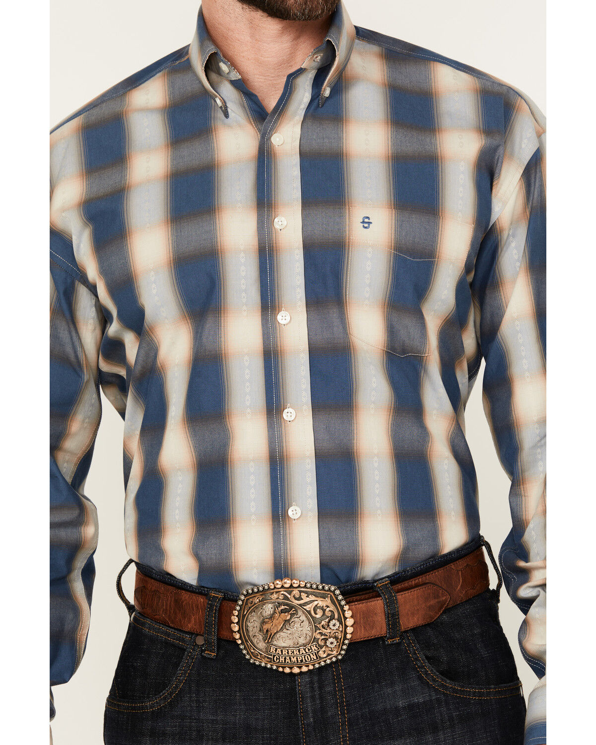 Image #3 - Stetson Men's Dobby Print Long Sleeve Button-Down Western Shirt, Blue, hi-res