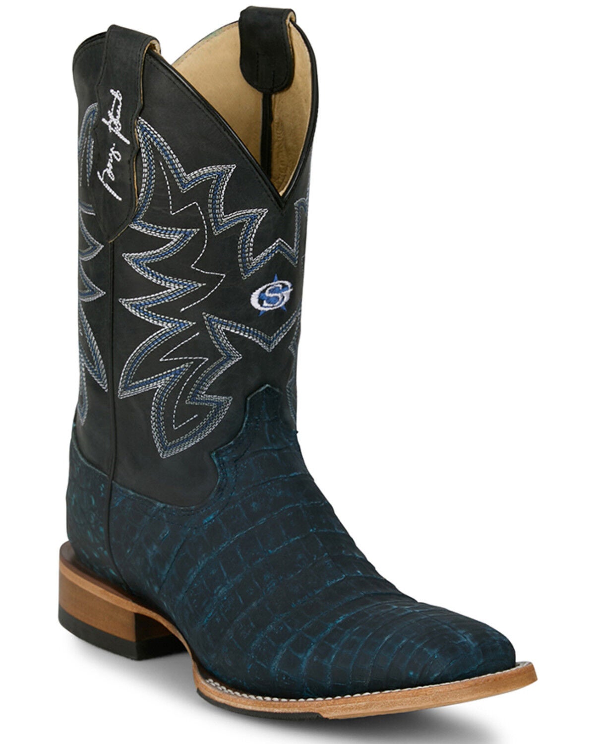 Justin Men's San Antone Exotic Caiman Western Boots - Broad Square Toe, Blue, hi-res