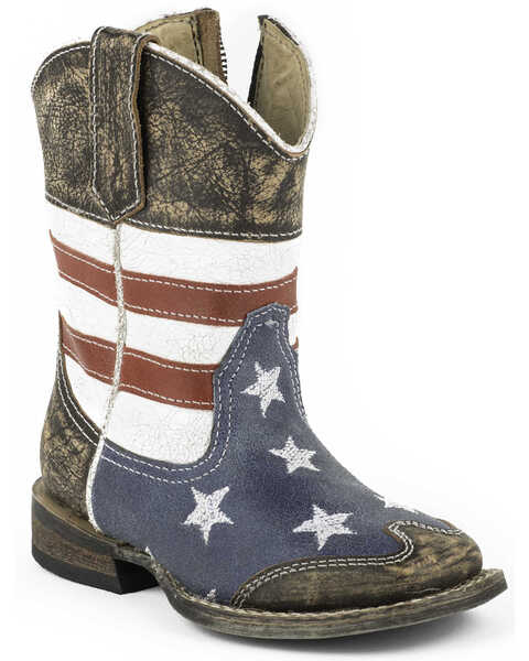 Roper Toddler Boys' American Flag Inside Zip Western Boots - Square Toe, Dark Brown, hi-res