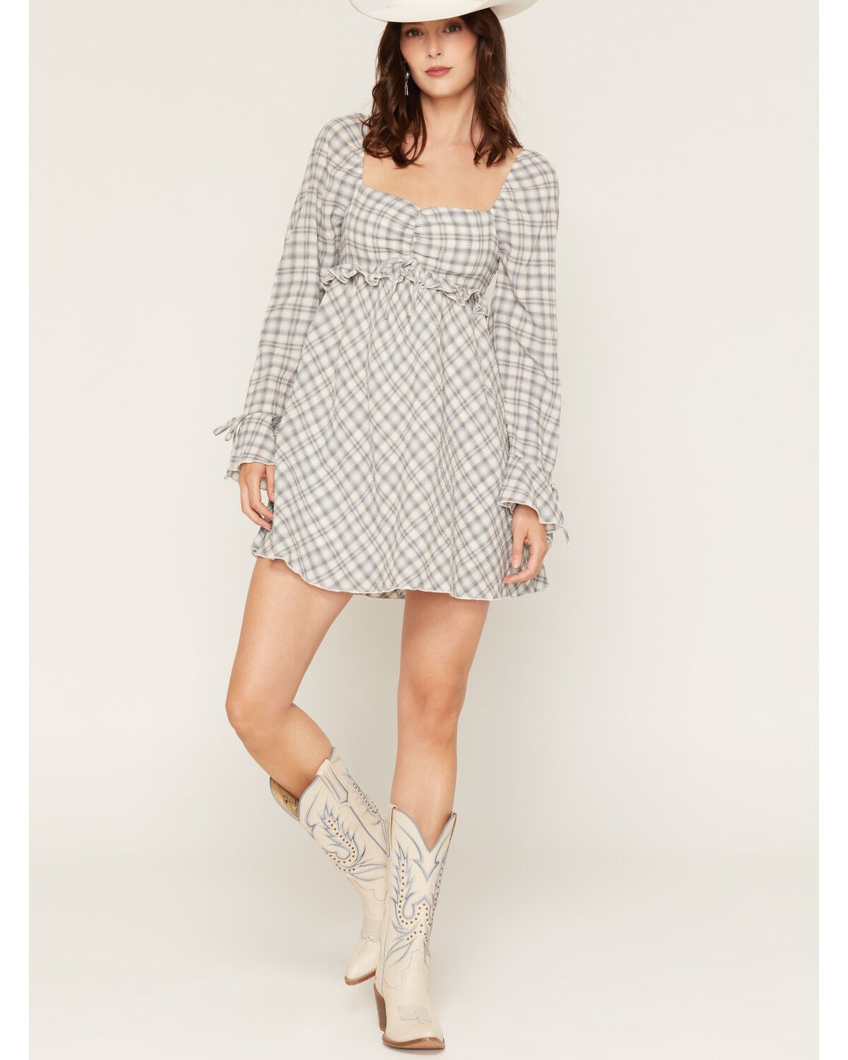 Cleo + Wolf Women's Plaid Print Ruffle Long Sleeve Mini Dress, Blue, hi-res