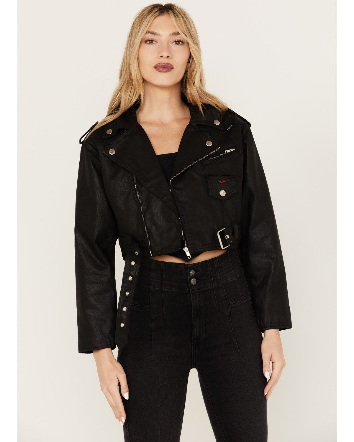 Image #2 - Wrangler X Fender Women's Cropped Moto Jacket, Black, hi-res