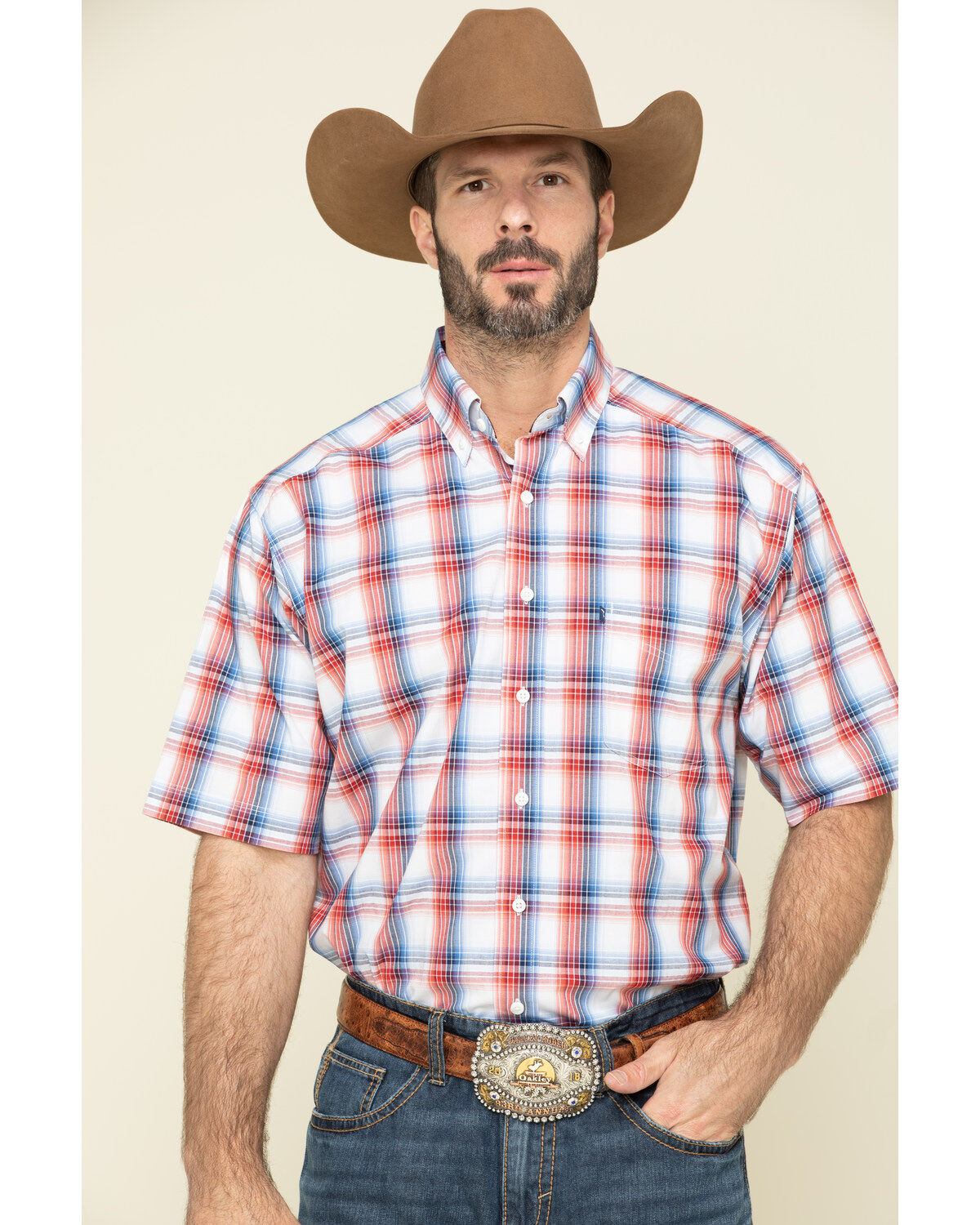 Image #1 - Tuf Cooper Men's Red Competition Stretch Plaid Short Sleeve Western Shirt, , hi-res