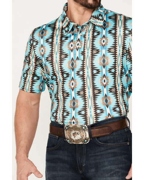 Panhandle Men's Southwestern Print Short Sleeve Western Snap Polo, Turquoise, hi-res