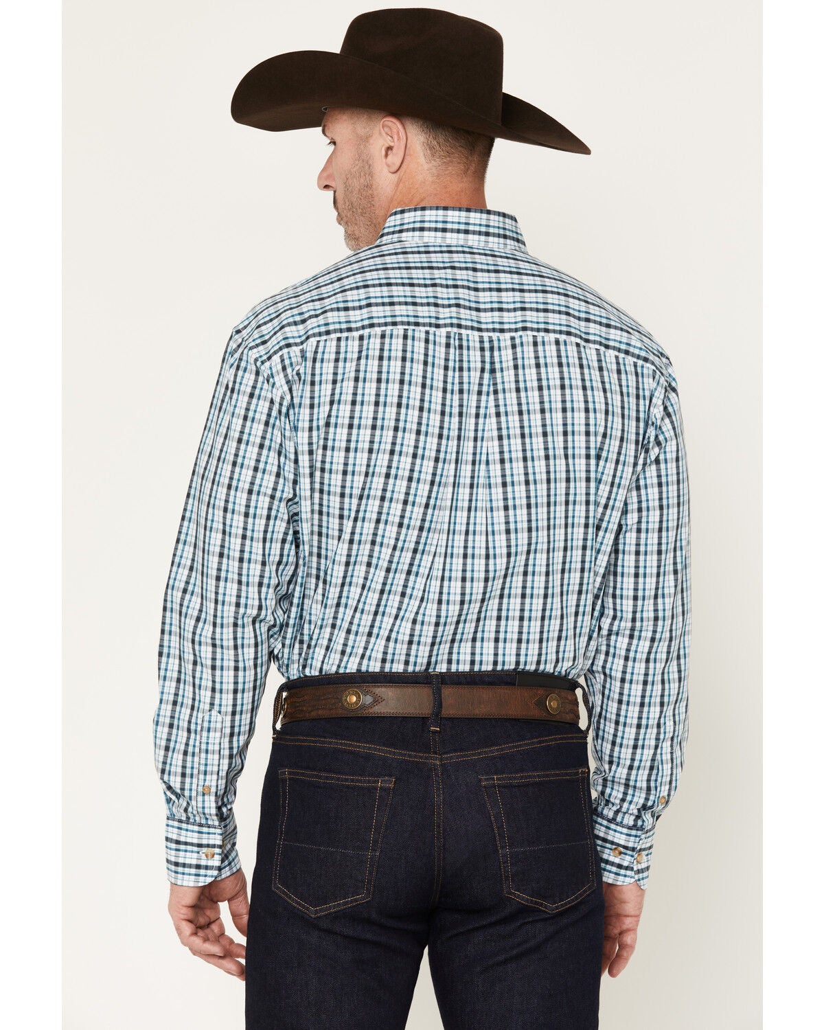 Image #4 - Wrangler Men's Plaid Print Long Sleeve Button-Down Western Shirt, Teal, hi-res