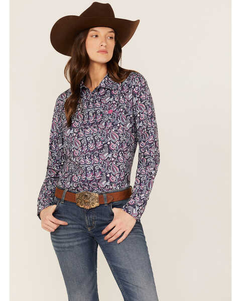 Cinch Women's Paisley Print Long Sleeve Button-Down Stretch ArenaFlex Shirt, Purple, hi-res