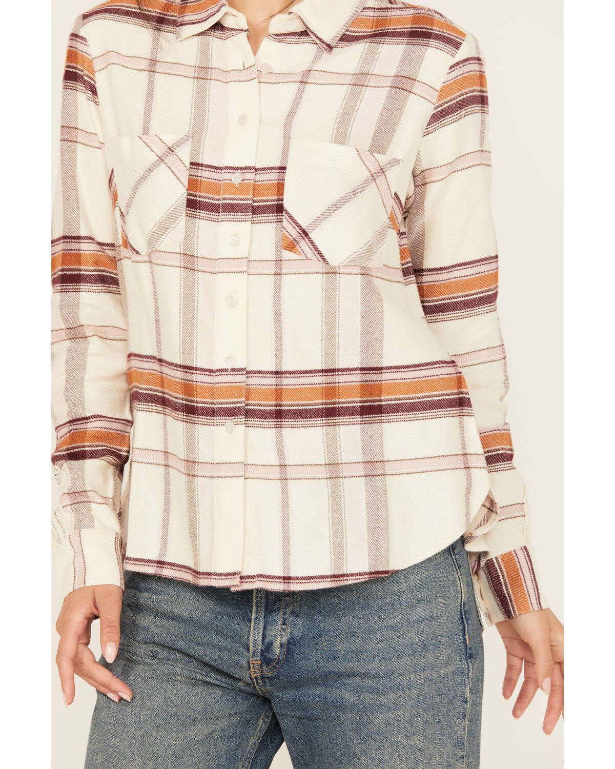 Image #3 - Shyanne Women's Lace Applique Plaid Print Button-Down Flannel Shirt, Cream, hi-res