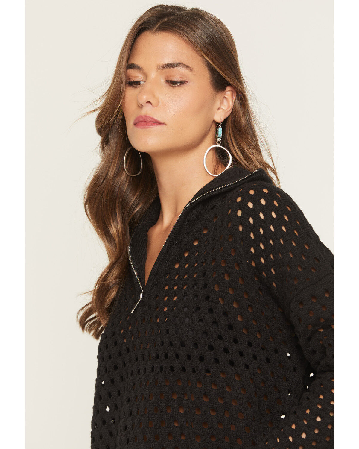 Image #2 - Elan Women's Crochet Half Zip Long Sleeve Sweater, Black, hi-res