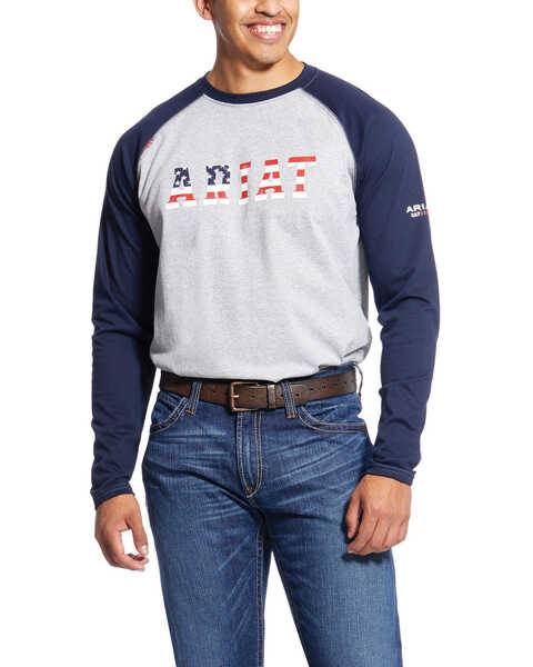Image #1 - Ariat Men's Navy FR Stars & Stripes Logo Work Raglan T-Shirt - Tall , , hi-res