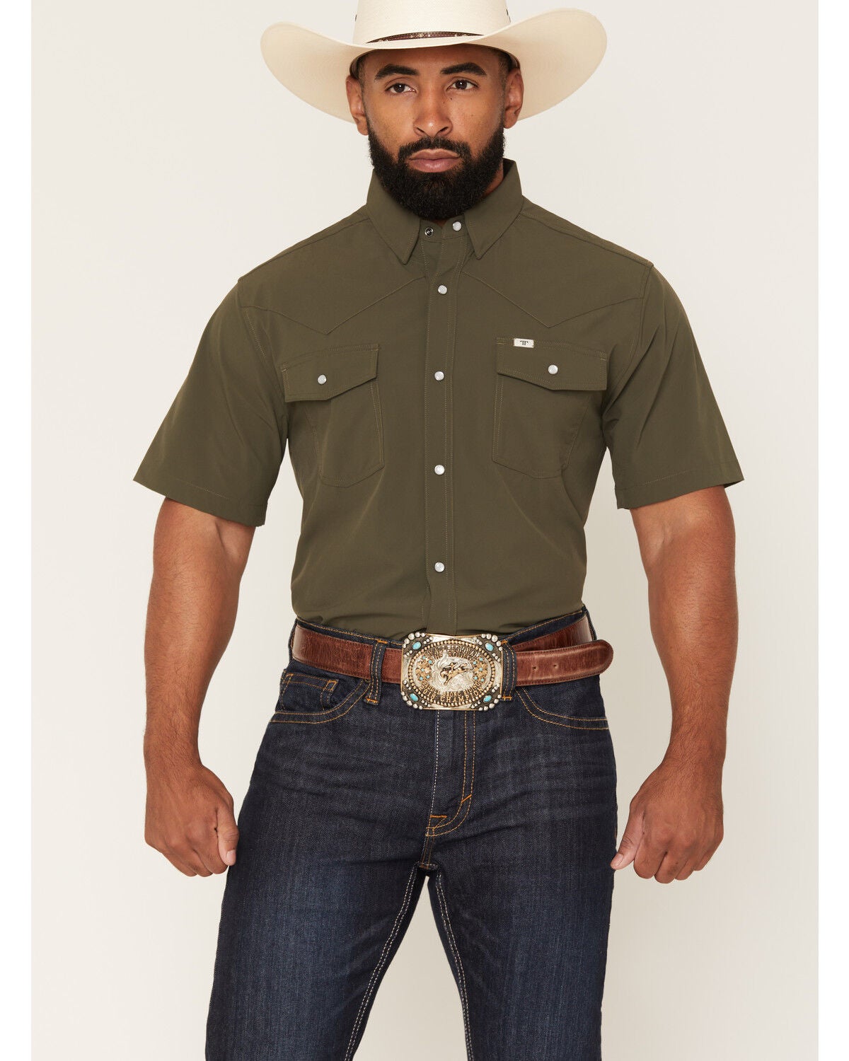 Ferrell Men's Tek Solid Short Sleeve Pearl Snap Stretch Performance Western Shirt, Olive, hi-res
