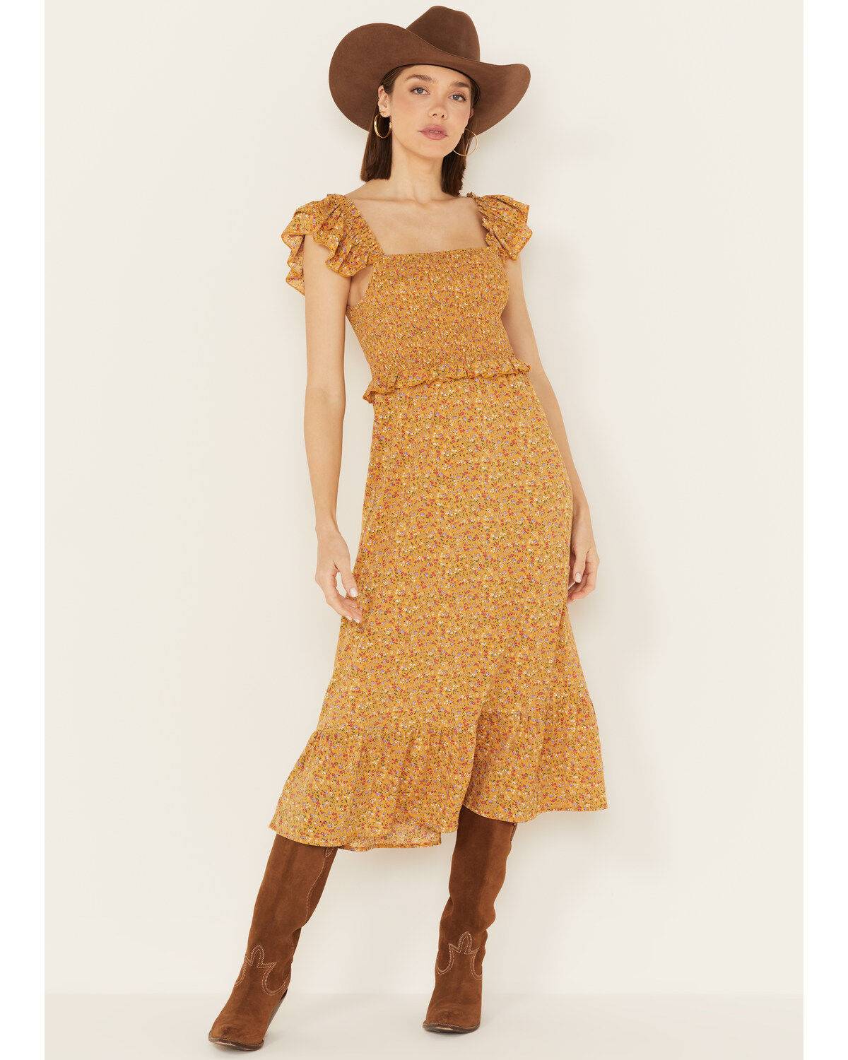 Image #1 - Yura Women's Boot Barn Exclusive Ditsy Floral Ruffle Sleeveless Midi Dress, , hi-res
