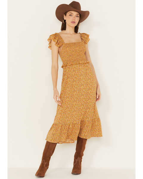 Yura Women's Ditsy Floral Ruffle Sleeveless Midi Dress, Mustard, hi-res
