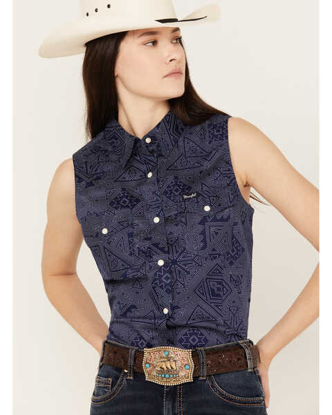 Image #2 - Wrangler Women's Sleeveless Southwestern Snap Western Shirt, Blue, hi-res